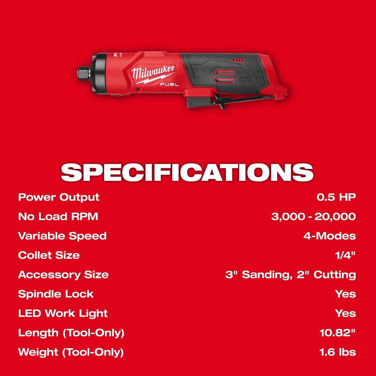 Milwaukee 3486-20 M12 Fuel 1/4" Cordless Brushless Straight Die Grinder Bare Tool - 8