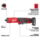 Milwaukee 3486-22 M12 FUEL 1/4" Straight Die Grinder Kit with 2 Batteries and Carrying Case - 7