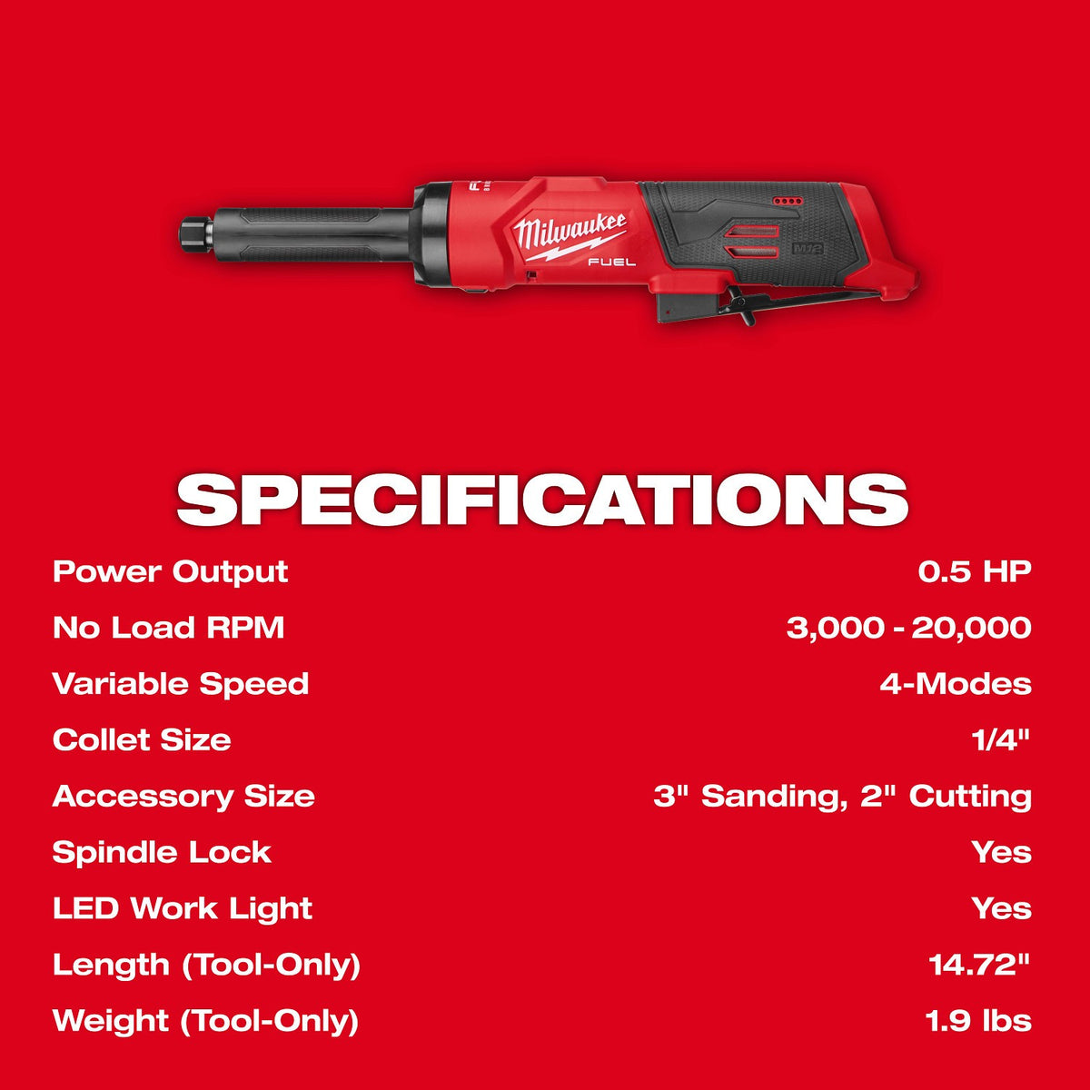 Milwaukee 3487-20 M12 FUEL 1/4" Extended Straight Die Grinder with 4" Shaft - 8