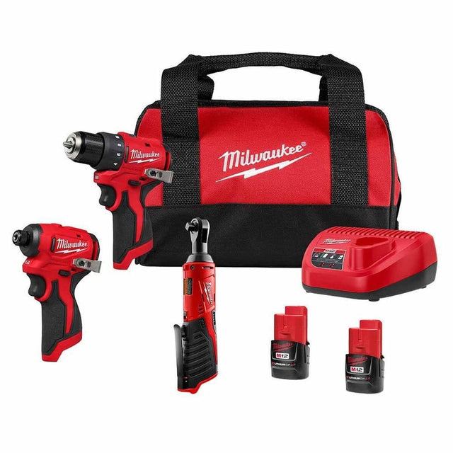 Milwaukee 3494-23R M12 12V Brushless Drill/ImpactDriverCombo Kit w/ 3/8" Ratchet,Batteries&Bag