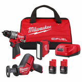 Milwaukee 3495-23 M12 FUEL 3-Tool Combo Kit with 1/2 Inch Hammer Drill, HACKZALL Recip Saw, ROVER Flood Light, Charger and CP2.0 Batteries (2 Pack)
