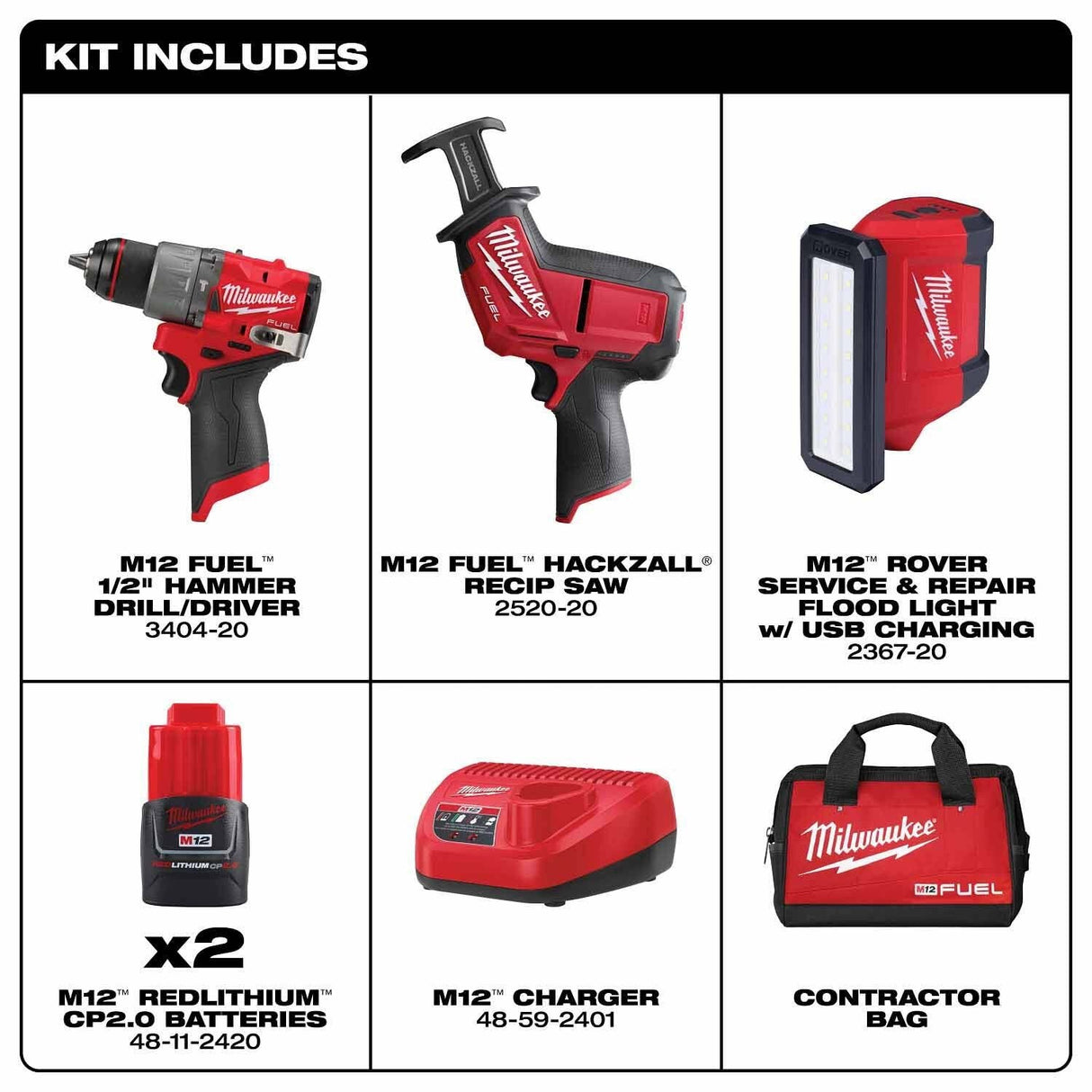 Milwaukee 3495-23 M12 FUEL 3-Tool Combo Kit with 1/2 Inch Hammer Drill, HACKZALL Recip Saw, ROVER Flood Light, Charger and CP2.0 Batteries (2 Pack) - 3