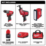 Milwaukee 3495-23 M12 FUEL 3-Tool Combo Kit with 1/2 Inch Hammer Drill, HACKZALL Recip Saw, ROVER Flood Light, Charger and CP2.0 Batteries (2 Pack) - 3