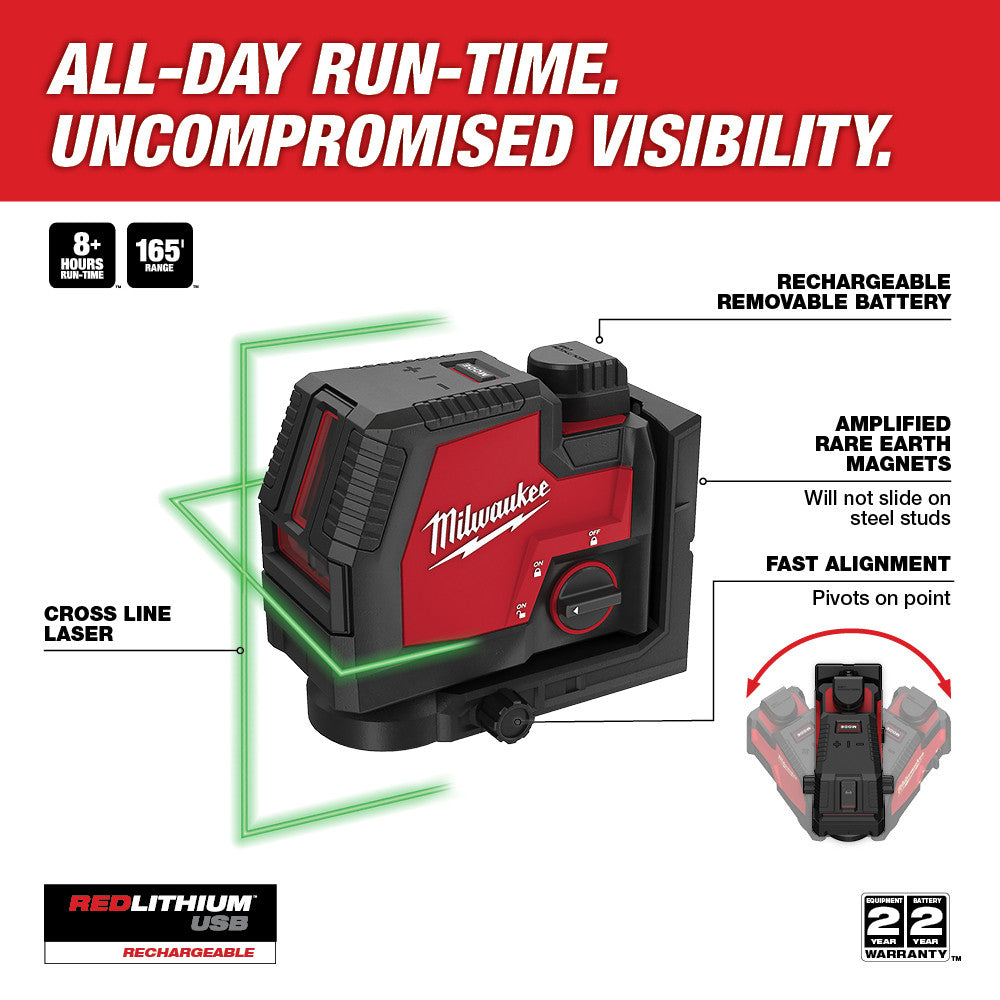 Milwaukee 3521-21 USB Rechargeable Green Cross Line Laser - 7