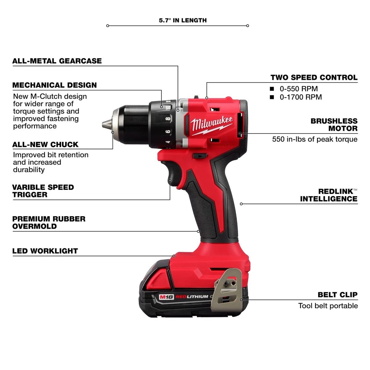 Milwaukee 3601-21CT M18 18V Compact Brushless 1/2" Drill Driver Kit 5.7" Length (Kit) - 2