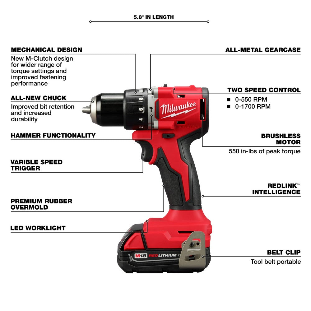 Milwaukee 3602-22CT M18 Compact Brushless 1/2" Hammer Drill/Driver Kit - 4