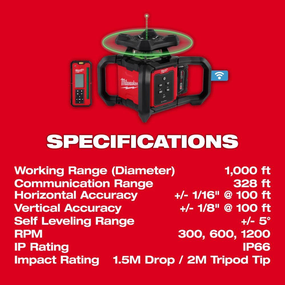 Milwaukee 3702-21 M18 Green Interior Rotary Laser Level Kit w/ Remote/Receiver & Wall Mount Bracket - 7