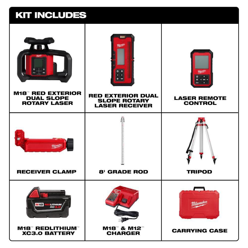 Milwaukee 3704-21T M18 Red Exterior Dual Slope Rotary Laser Level Kit w/ Receiver, Remote, Grade Rod & Tripod - 5