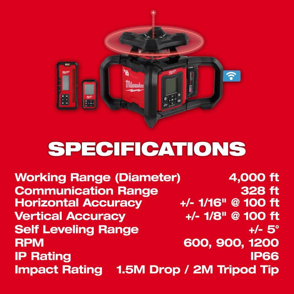 Milwaukee 3704-21T M18 Red Exterior Dual Slope Rotary Laser Level Kit w/ Receiver, Remote, Grade Rod & Tripod - 7