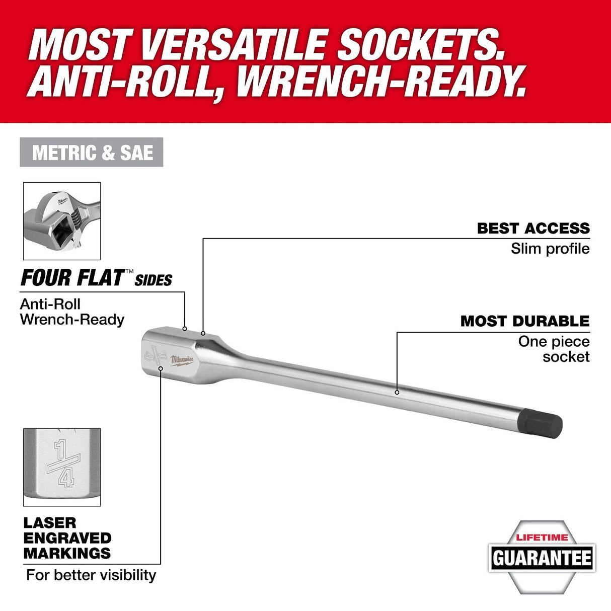 Milwaukee 45-34-1074 3/8" Drive 1/8" Long Hex Bit Socket with FOUR FLAT sides, 6" reach - 2