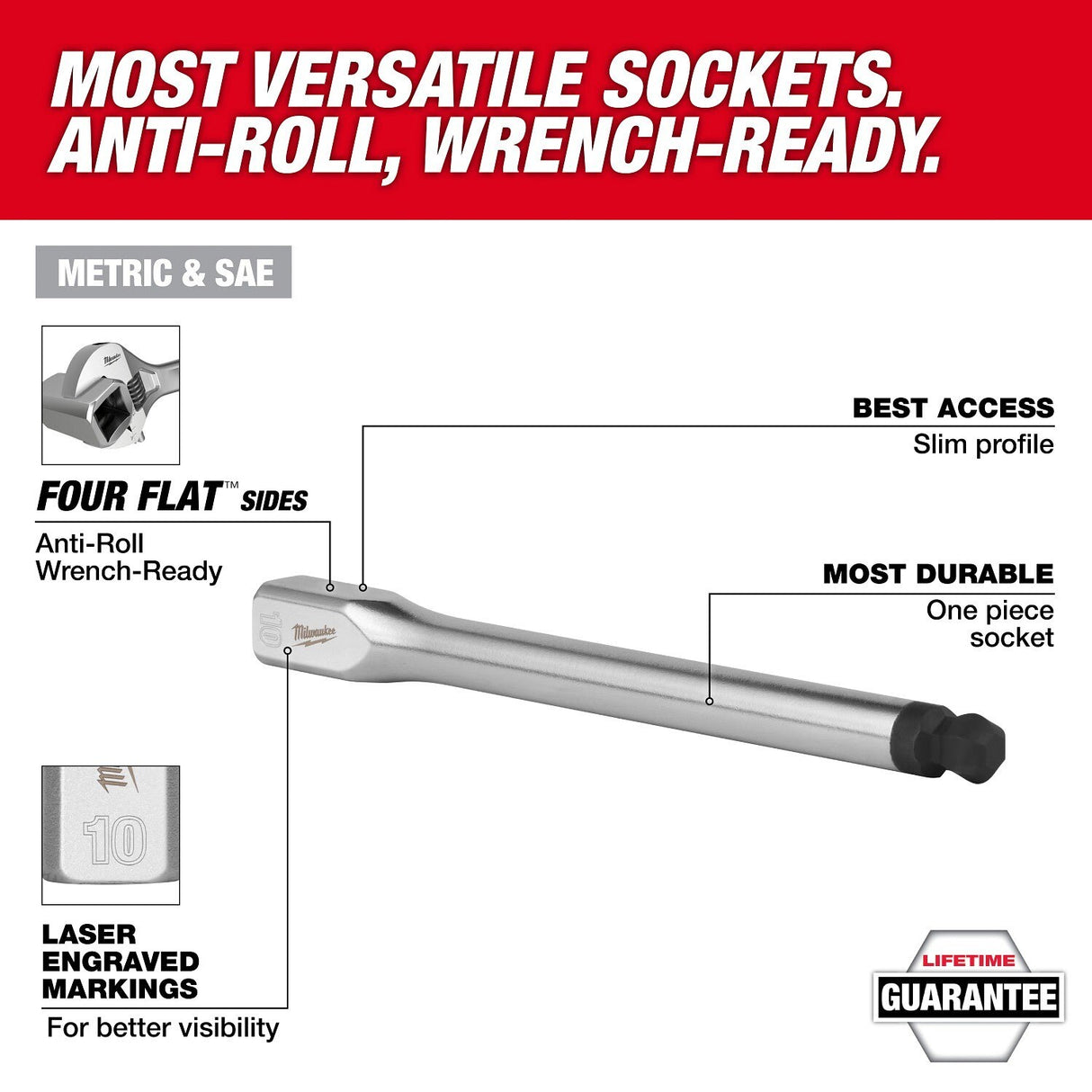 Milwaukee 45-34-1094 3/8" Drive 1/4" Long Ball End Hex Bit Socket with Anti-Roll Wrench-Ready Design - 2