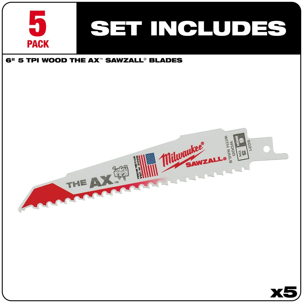 Milwaukee 48-00-5021 6" x 5/8TPI Bi-Metal AX Super Sawzall Blade 5-Pack - 2