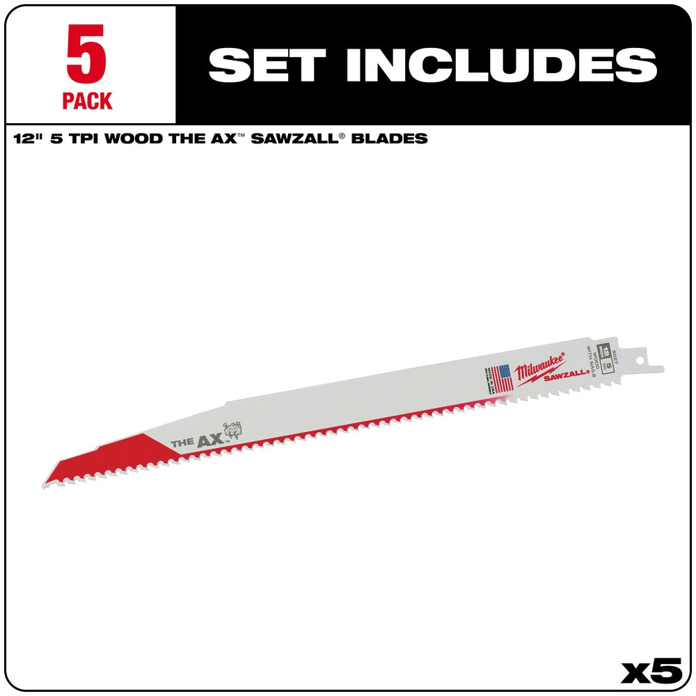 Milwaukee 48-00-5027 12" x 5/8TPI Bi-Metal AX Super Sawzall Blade 5-Pack - 2