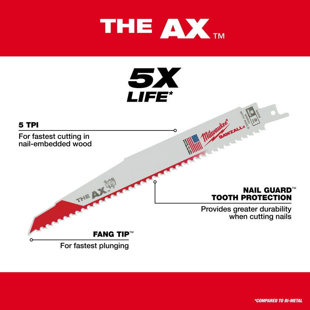 Milwaukee 48-00-5027 12" x 5/8TPI Bi-Metal AX Super Sawzall Blade 5-Pack - 6