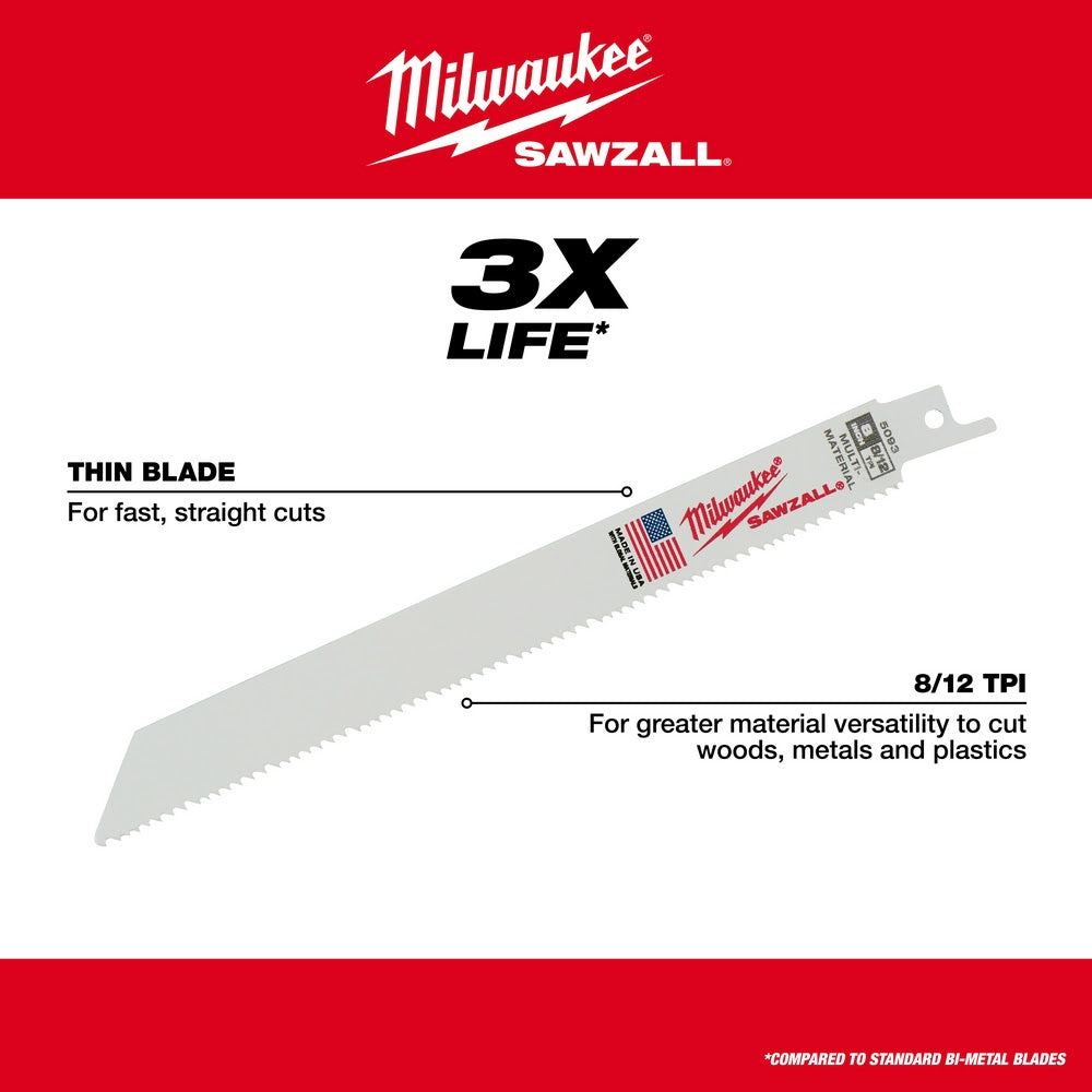 Milwaukee 48-00-5093 8" x 8/12TPI Bi-Metal Super Sawzall Blade 5-Pack - 5