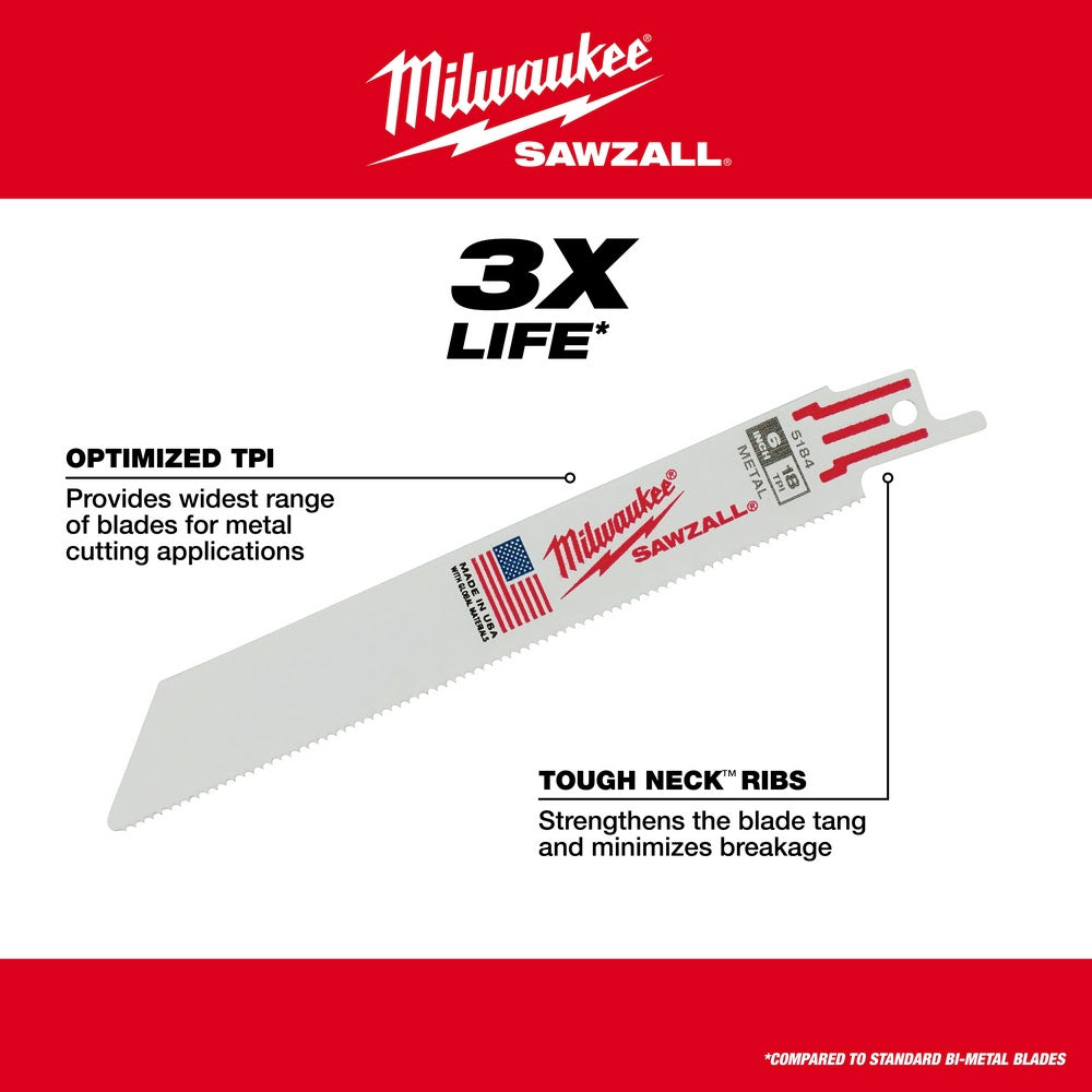 Milwaukee 48-00-5182 6" x 14TPI Bi-Metal Super Sawzall Blade - 7