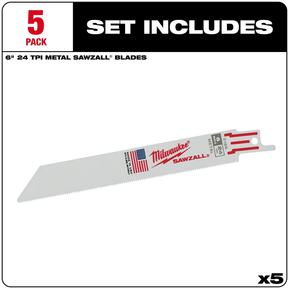 Milwaukee 48-00-5186 6" x 24TPI Bi-Metal Super Sawzall Blade - 2