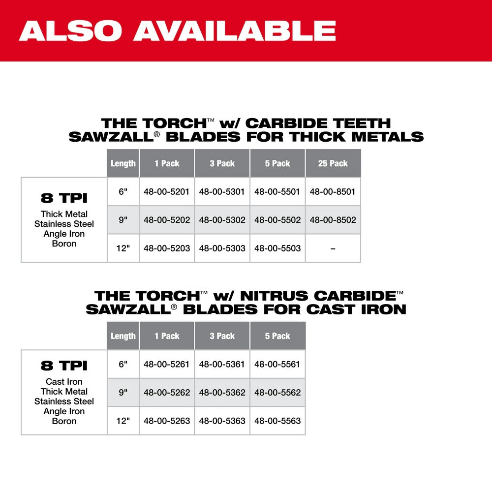 Milwaukee 48-00-5201 6" 7TPI Torch Metal Cutting Sawzall Blade with Carbide Teeth - 8