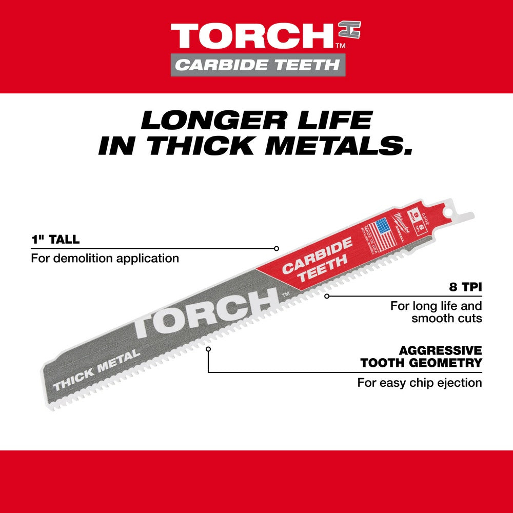 Milwaukee 48-00-5202 9" 7TPI Torch Metal Cutting Sawzall Blade with Carbide Teeth - 5