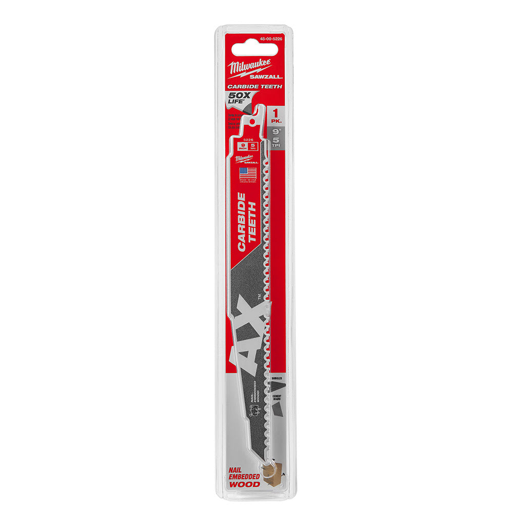 Milwaukee 48-00-5226 AX Sawzall Blade With Carbide Teeth, 9" 5T - 10