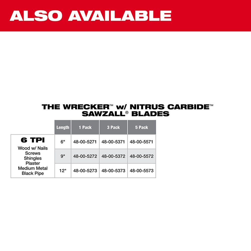 Milwaukee 48-00-5243 12" 6 TPI Wrecker Sawzall Blade with Carbide Teeth - 8
