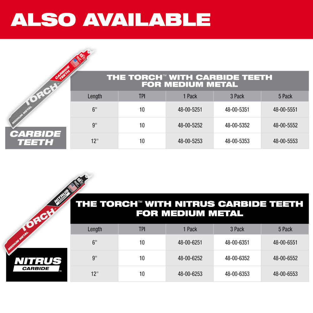 Milwaukee 48-00-5251 6" Reciprocating Saw Blade 10TPI The TORCH with Carbide Teeth for Medium Metal 1PK - 12