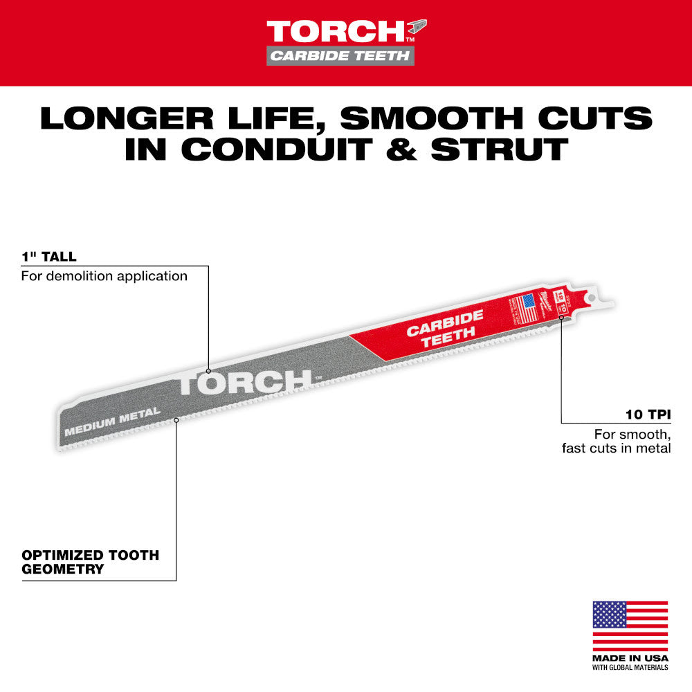 Milwaukee 48-00-5253 12" Reciprocating Saw Blade 10TPI The TORCH with Carbide Teeth for Medium Metal 1PK - 5