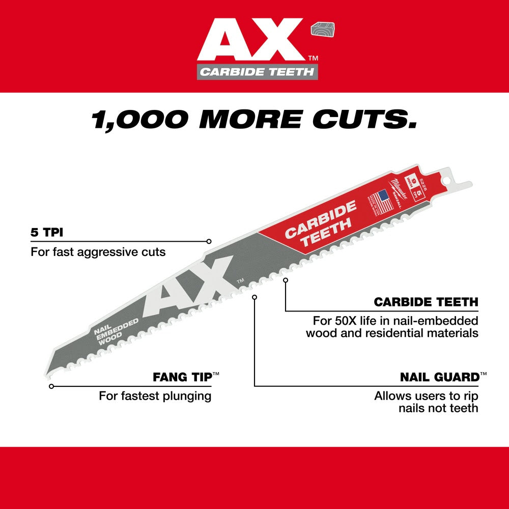 Milwaukee 48-00-5326 9" 5TPI AX with Carbide Teeth Sawzall Blade, 3 Pack - 6