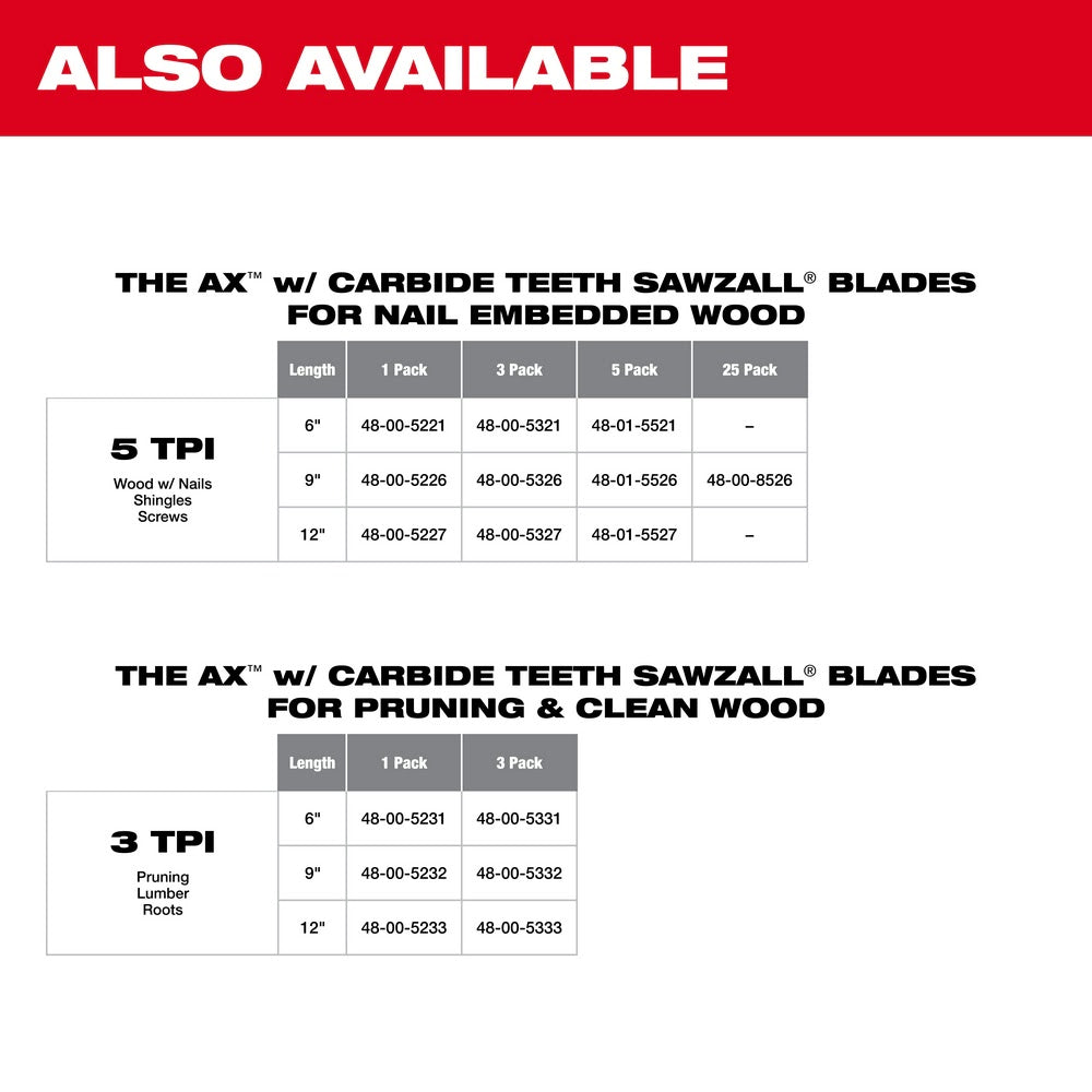 Milwaukee 48-00-5326 9" 5TPI AX with Carbide Teeth Sawzall Blade, 3 Pack - 9