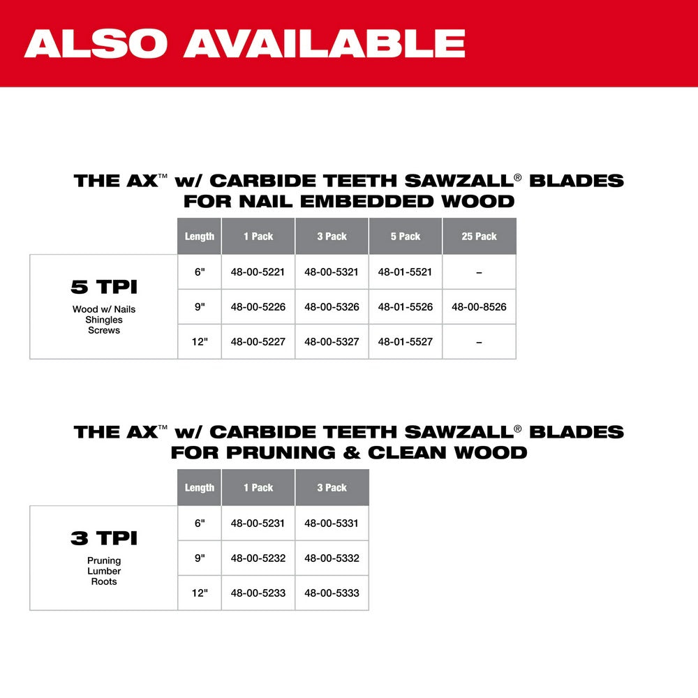 Milwaukee 48-00-5331 6" 3 TPI The AX™ with Carbide Teeth for Pruning & Clean Wood SAWZALL® Blade 3PK - 9