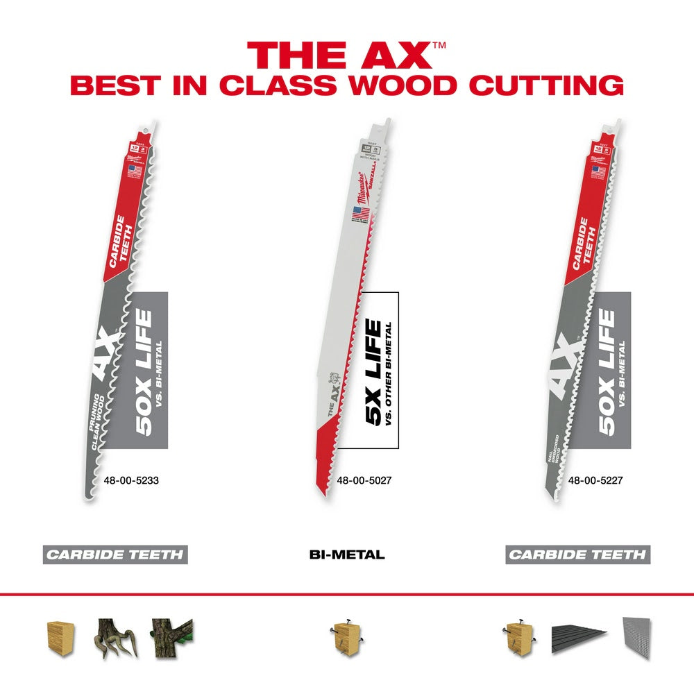 Milwaukee 48-00-5333 12" 3 TPI The AX™ with Carbide Teeth for Pruning & Clean Wood SAWZALL® Blade 3PK - 7