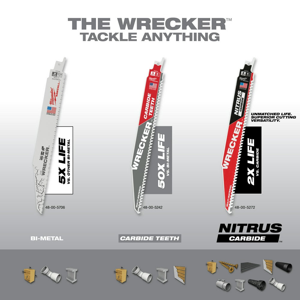 Milwaukee 48-00-5342 9" 6 TPI THE WRECKER™ with Carbide Teeth SAWZALL® Blade 3PK - 7