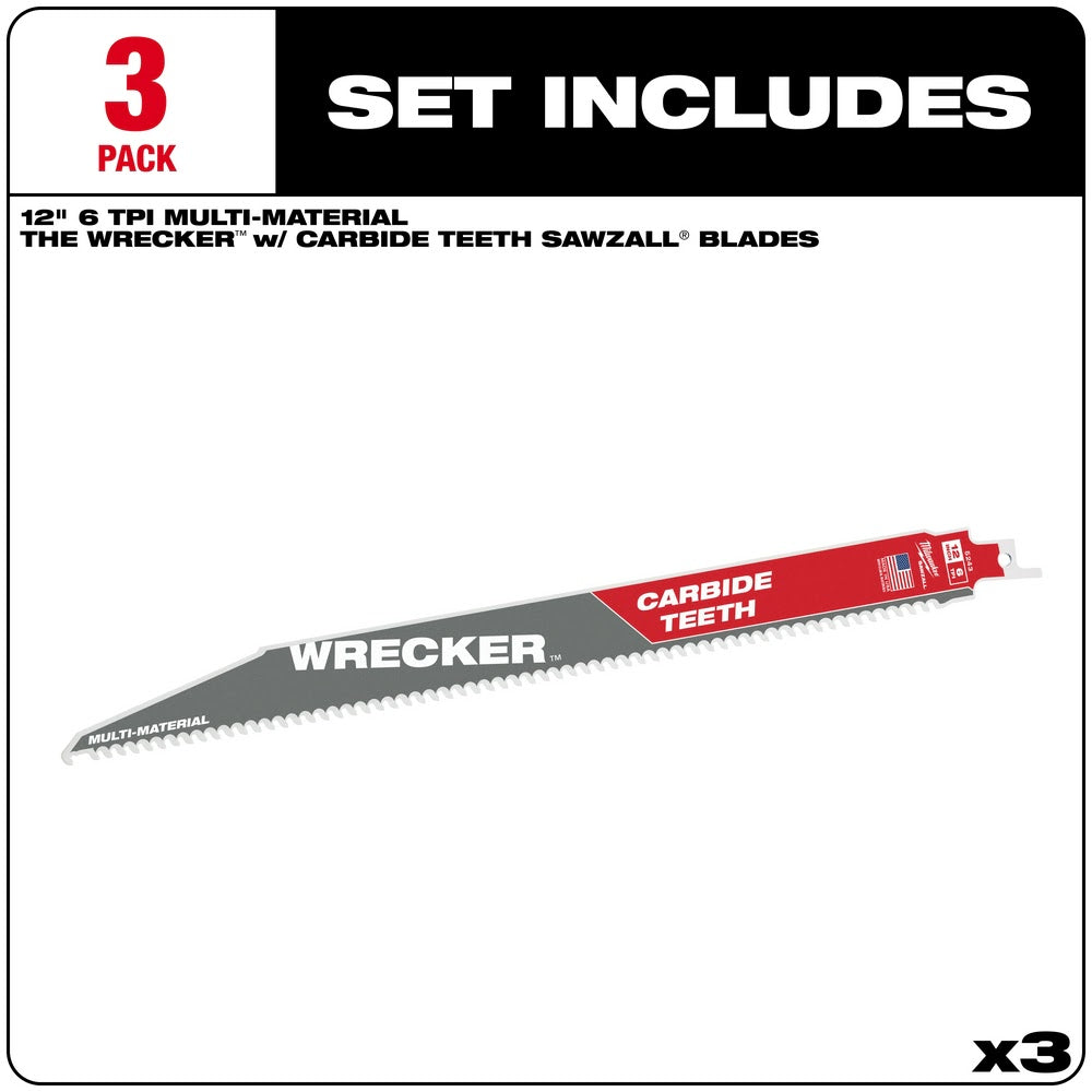 Milwaukee 48-00-5343 12" 6 TPI THE WRECKER™ with Carbide Teeth SAWZALL® Blade 3PK - 2