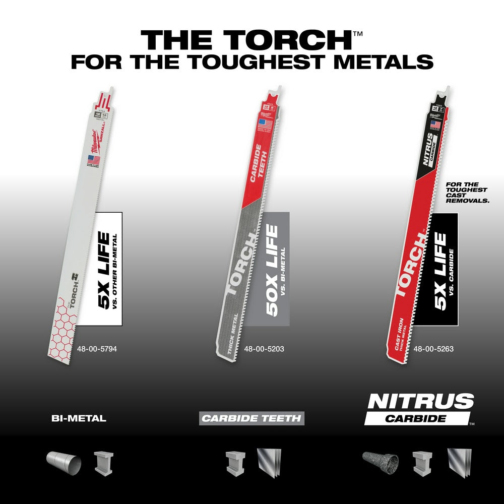 Milwaukee 48-00-5363 12” 7TPI The TORCH™ with NITRUS Carbide™ for Cast Iron SAWZALL®  Blade 3PK - 7