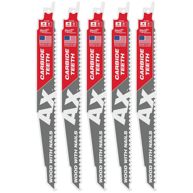 Milwaukee 48-00-5526 9" 5TPI AX with Carbide Teeth Sawzall Blade, 5 Pack