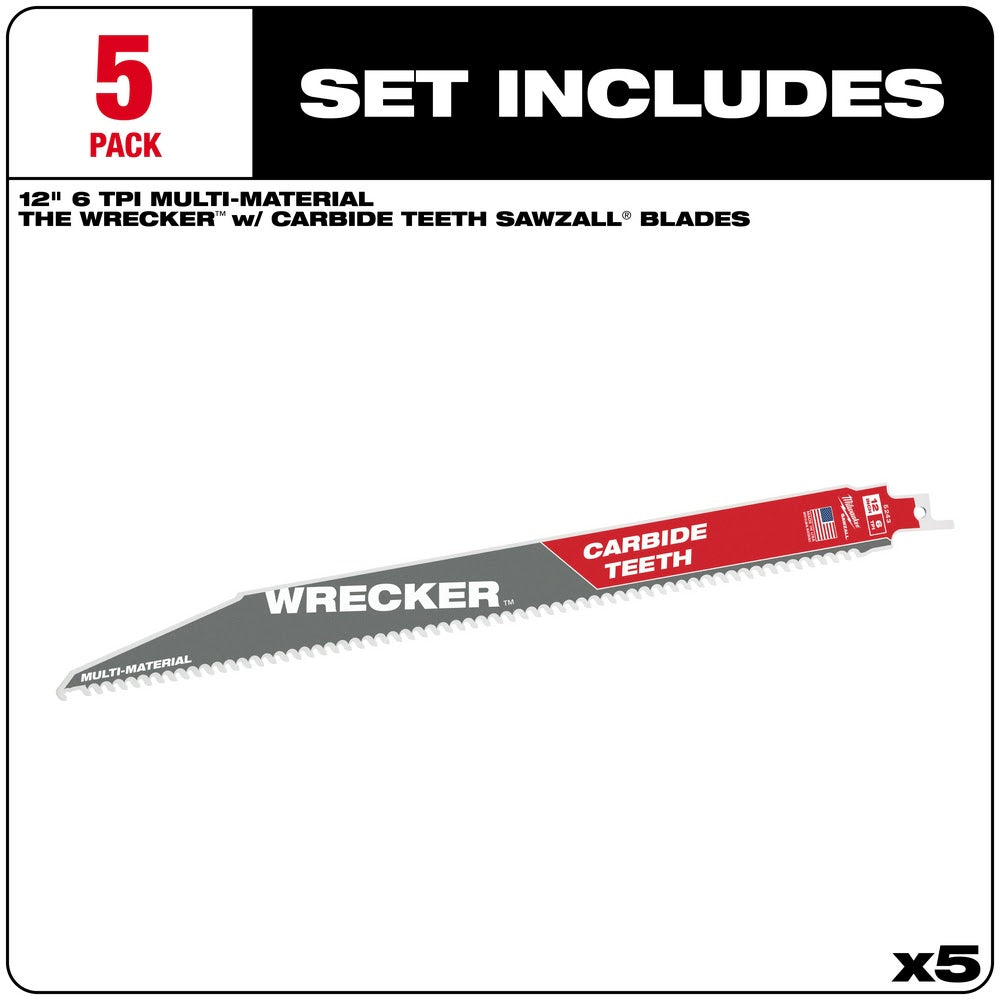 Milwaukee 48-00-5543 12" 6 TPI THE WRECKER™ with Carbide Teeth SAWZALL® Blade 5PK - 2