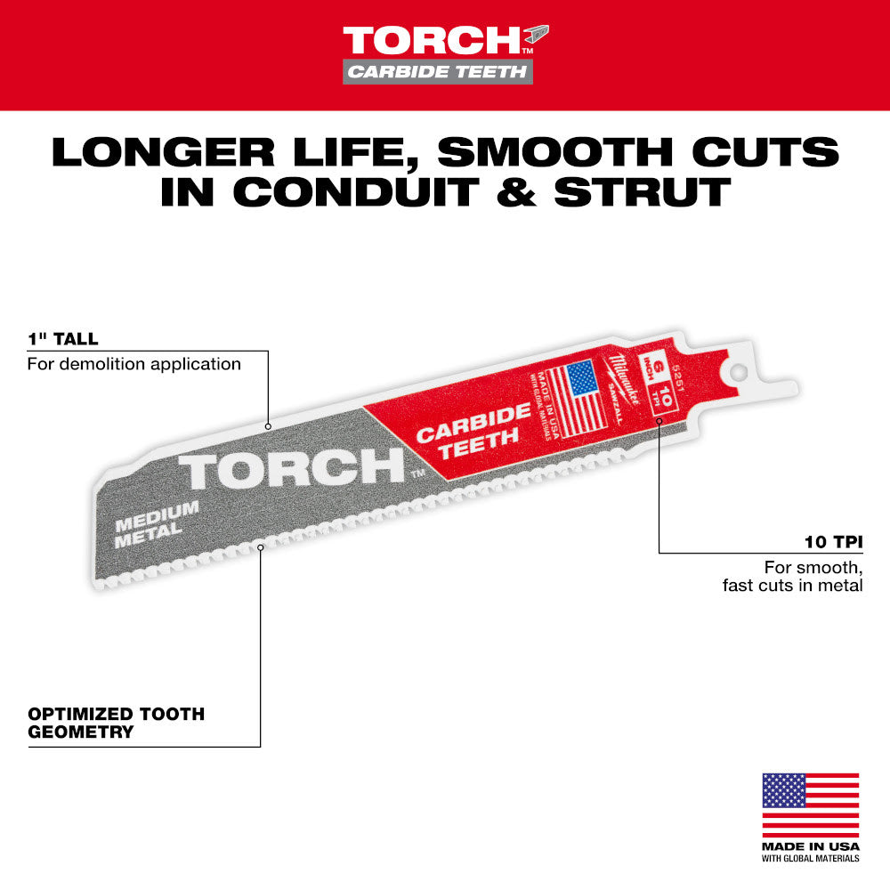 Milwaukee 48-00-5551 6" Reciprocating Saw Blade 10TPI The TORCH with Carbide Teeth for Medium Metal 5PK - 5