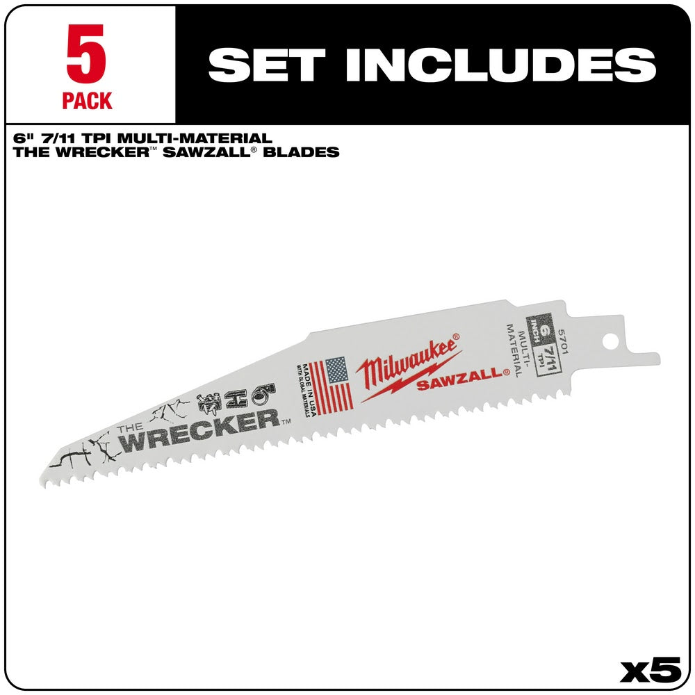 Milwaukee 48-00-5701 WRECKER Multi-Material SAWZALL Blade 6" 7/11TPI 5 Pack - 2