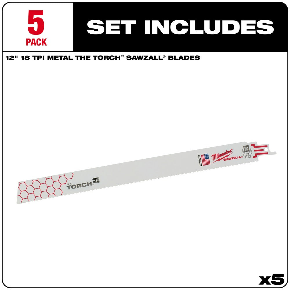 Milwaukee 48-00-5789 12" 18TPI The Torch Super Sawzall Demolition Blade 5-Pack - 2