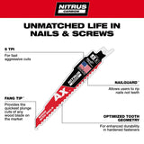 Milwaukee 48-00-7251 6" 5 TPI NITRUS Carbide SAWZALL Recip Saw Blade for Wood with Nails (5 Pack) - 6