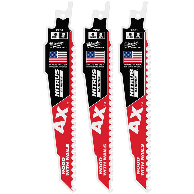 Milwaukee 48-00-7351 6" 5 TPI NITRUS Carbide Teeth SAWZALL Blade for Wood with Nails and Screws (3 Pack)