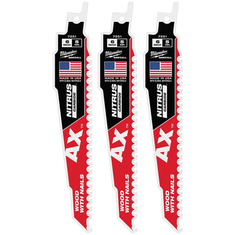 Milwaukee 48-00-7351 6" 5 TPI NITRUS Carbide Teeth SAWZALL Blade for Wood with Nails and Screws (3 Pack)