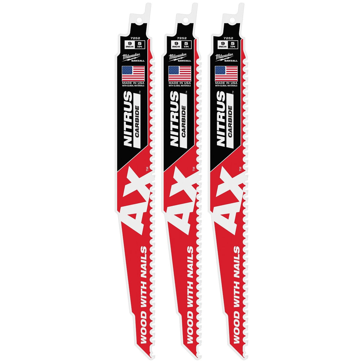 Milwaukee 48-00-7352 9" 5 TPI NITRUS Carbide Reciprocating Sawzall Blade for Wood with Nails (3 Pack)