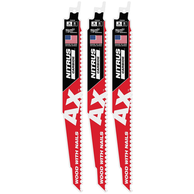 Milwaukee 48-00-7352 9" 5 TPI NITRUS Carbide Reciprocating Sawzall Blade for Wood with Nails (3 Pack)