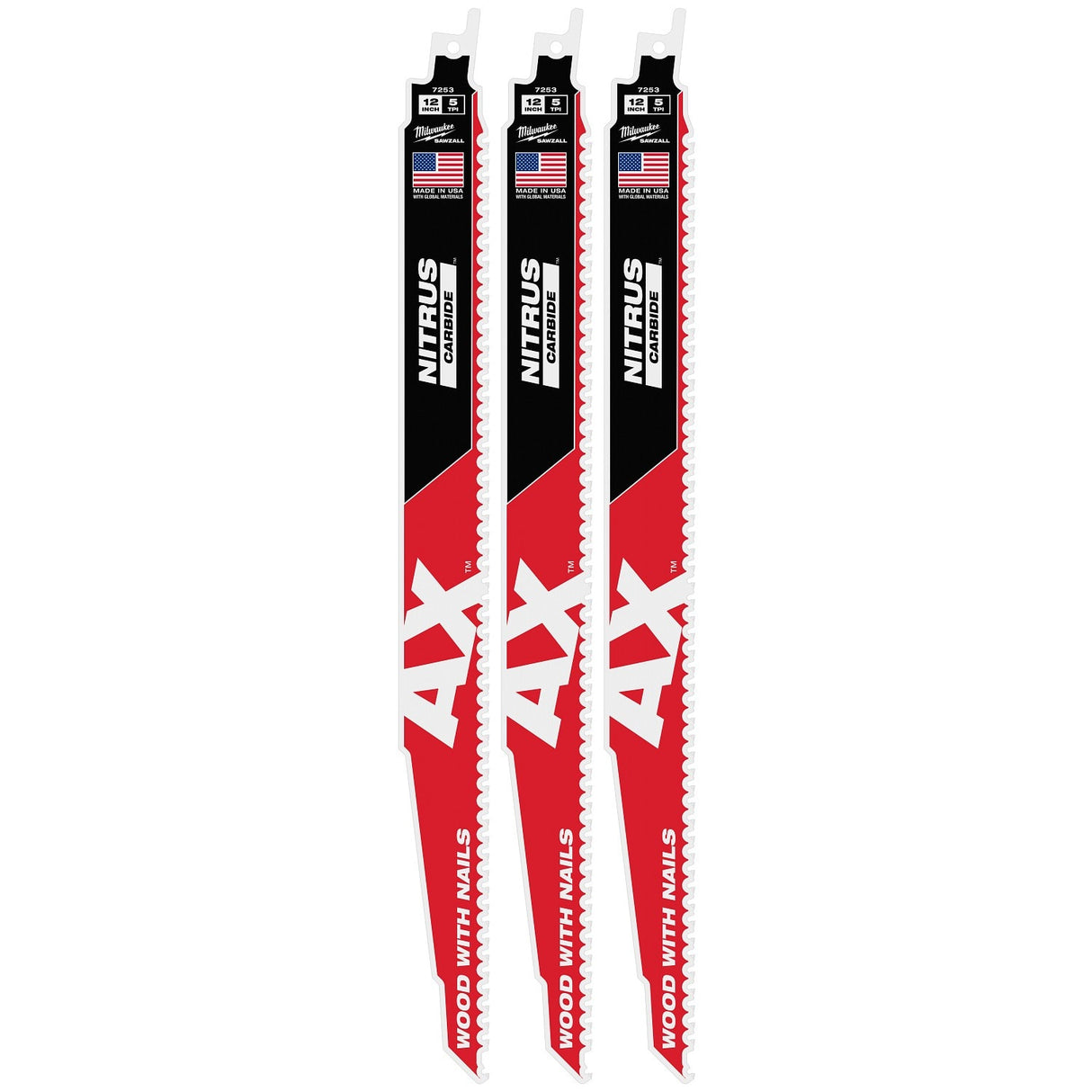 Milwaukee 48-00-7353 12" 5 TPI NITRUS Carbide SAWZALL Blade for Wood with Nails (3 Pack)