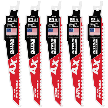 Milwaukee 48-00-7551 6" 5 TPI AX NITRUS Carbide SAWZALL Reciprocating Saw Blade for Wood with Nails and Screws (5 Pack)