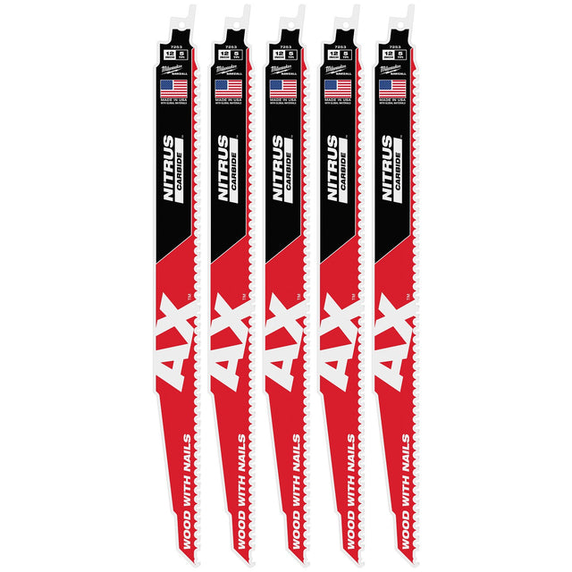 Milwaukee 48-00-7553 12" 5 TPI Nitrus Carbide Sawzall Reciprocating Saw Blade for Wood with Nails (5 Pack)