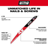 Milwaukee 48-00-7553 12" 5 TPI Nitrus Carbide Sawzall Reciprocating Saw Blade for Wood with Nails (5 Pack) - 6