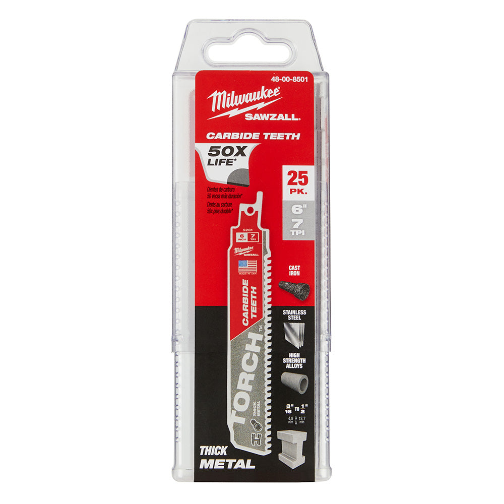 Milwaukee 48-00-8501 6" 7TPI The TORCH with Carbide Teeth SAWZALL Blade 25PK