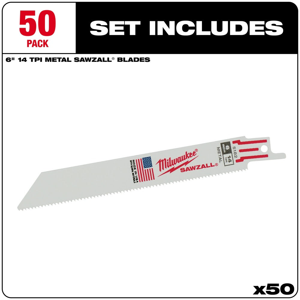 Milwaukee 48-01-6182 6" x 14TPI Bi-Metal Super Sawzall Blade (50 Pack) - 2